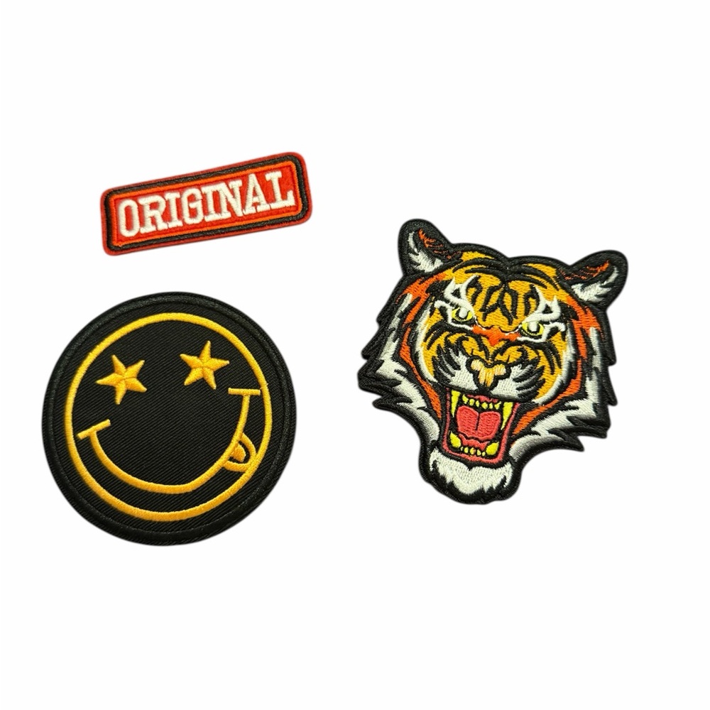 Tiger Head, Smiley & "Original" Embroidered Patches - Yellow, Black, Orange